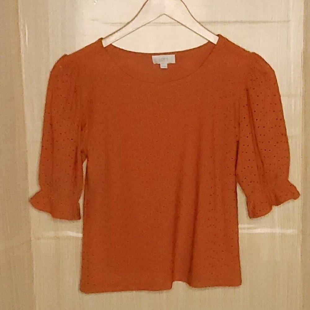 Loft Burnt Orange Knit Eyelet Puff Sleeve Top XS
